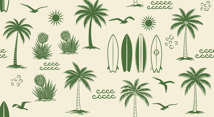 Obraz premium Tropical Beach Palm Trees Surfboards Pattern Background