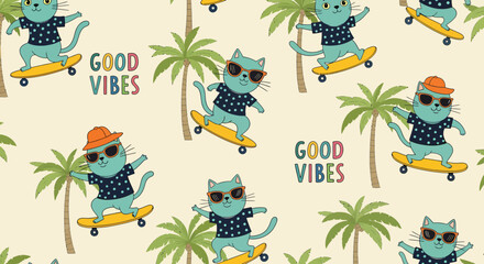 Seamless Pattern of Cartoon Cats on Skateboards Among Palm Trees