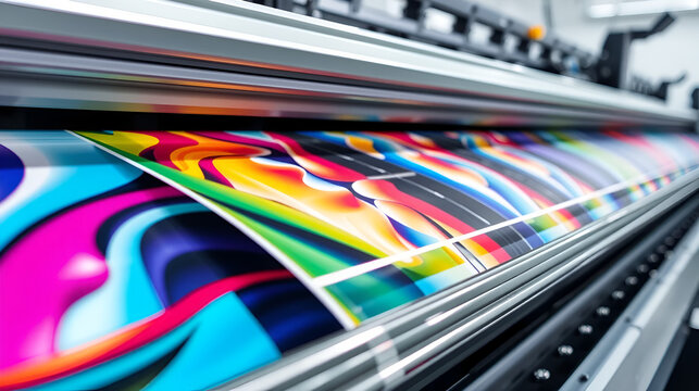 Close-up of modern industrial printing machine with vibrant colorful inks and metallic components, showcasing high-speed printing process with precision and accuracy.