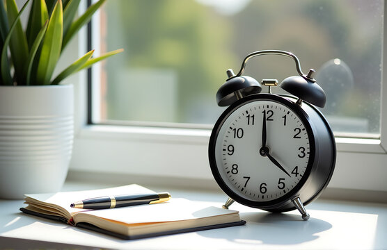 alarm clock notebook placed window efficient time schedule organization morning