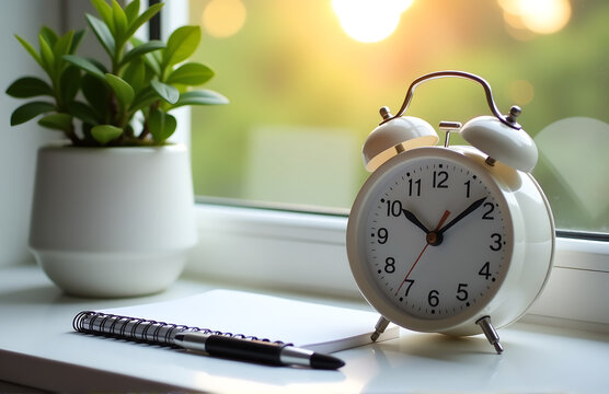 alarm clock notebook placed window efficient time schedule organization morning
