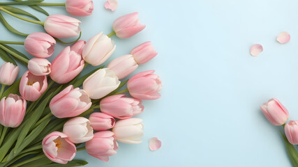 Pastel blue background with spring flowers. Pink and white tulips bouquet flat lay with space for text. Perfect for Valentine's Day, Easter, Birthday, Women's Day and Mother's Day cards.