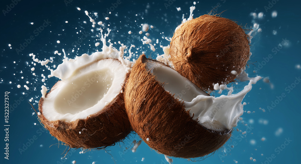 Aufkleber Coconuts split open with creamy milk splashing everywhere, highlighting the dynamic process of preparing fresh ingredients in a vibrant culinary setting, perfect for cooking enthusiasts.
