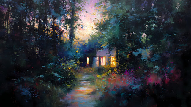 calendar art for seasonal homes | home as sanctuary | tranquil retreat | twilight pastels | central warm focus | glowing windows | window light bloom | soft tonal glazing | hidden woodland path |