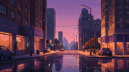 Obraz premium Pixel art of a quiet modern city street at dusk, with glowing streetlights, glass buildings, parked cars, and empty sidewalks. Urban stillness with a soft purple-orange sky.