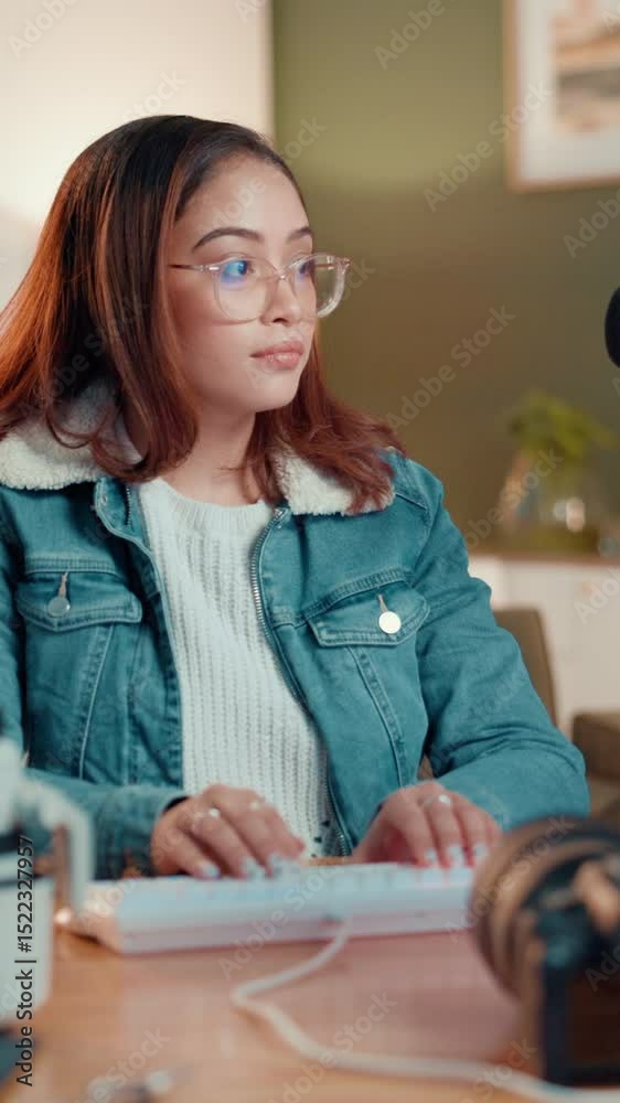 Poster content creator, woman and typing on computer for video editing, post production or quality check. k