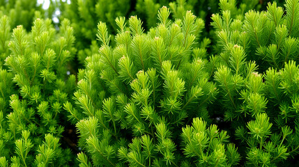 Green hedge of thuja trees. Closeup fresh green branches of thuja trees. Evergreen coniferous Tui tree. Nature, background.
