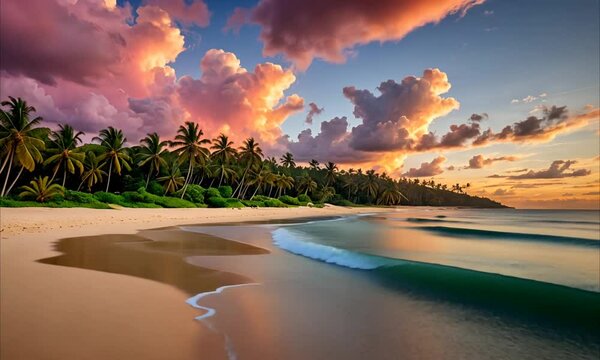 Majestic pink clouds covering tropical coastline with lush palm forest and gentle sea breeze. Scenic nature concept
