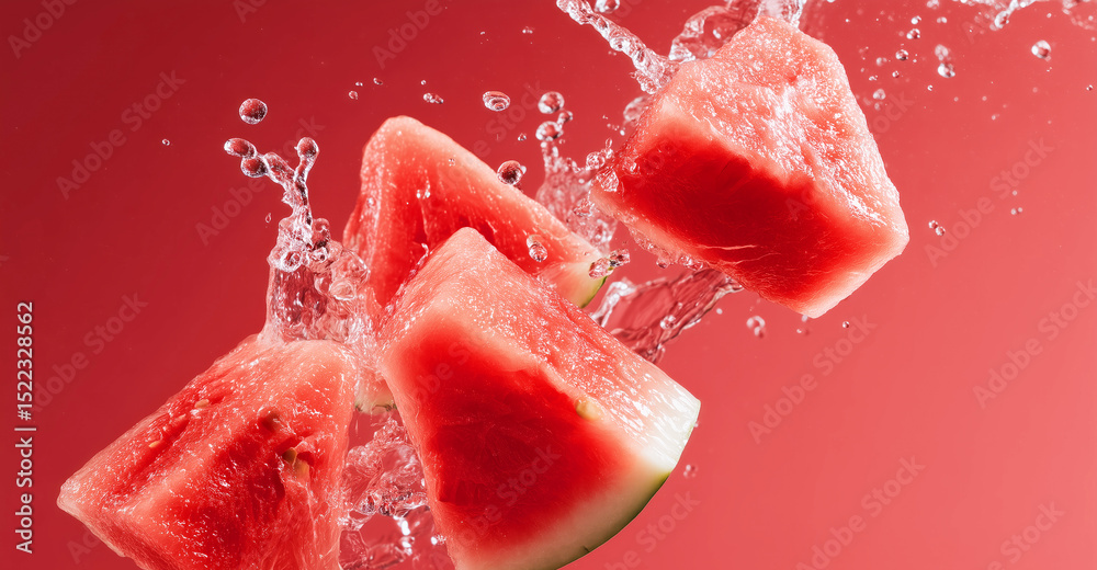 Poster juicy watermelon chunks are flying through the air, creating a refreshing splash as they hit the wat