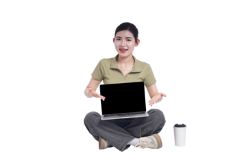 portrait of young asian female student sitting on white background posing