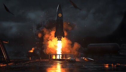 Rocket launch in a dark, stormy sky.