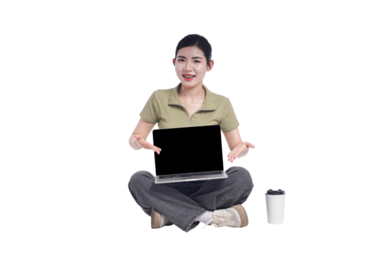 portrait of young asian female student sitting on white background posing
