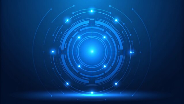 Abstract Blue Technology Background with Concentric Circles and Glowing Lights Representing Futuristic Innovation Data Processing and Network Connectivity for Modern Digital