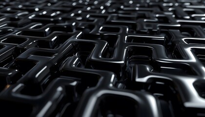 Intricate black geometric shapes forming a complex pattern.