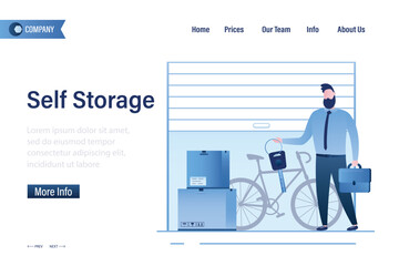 Smart man keeping personal belongings in rented storage space. Mini garage rental. Self storage, landing page template. Businessman holding key. Small mini warehouse unit.