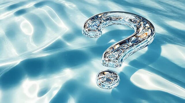 Glossy silver question mark floats on calm blue water surface, symbolizing mystery, curiosity, and fluid problem-solving concepts
