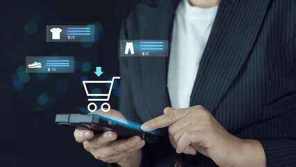 Customer Preparing Digital Purchase in Modern Ecommerce Environment and Mobile Checkout Screen with Shopping Cart and Product List on Smartphone, Showing Online Shopping Process