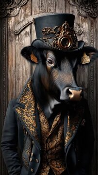 steampunk cow portrait steampunk cow art steampunk cow fashion, steampunk animal illustration, fantasy fashion portrait, surreal cow character art