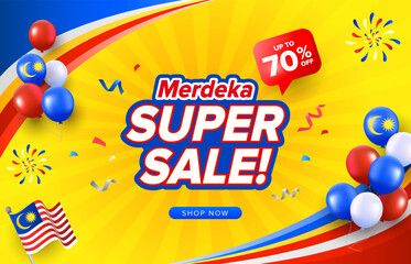 Malaysia Day or Hari Merdeka sale illustration with yellow burst background and celebration confetti and balloons. Vector design template for promotion concept.