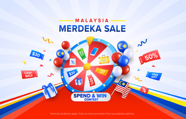 Malaysia Day or Hari Merdeka celebration background with spend and win wheel design. Vector illustration template with balloons, celebration confetti, vouchers and abstract stripes.