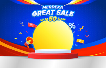 Fun Malaysia Day or Hari Merdeka promotion podium design. Vector illustration template with mega phone, vouchers and confetti with blue and red color.
