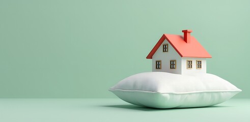 Realistic miniature home with red roof and chimney on pillow, conveying safety, insurance and residential protection