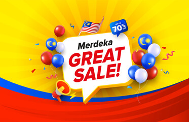 Bright yellow Malaysia Day or Hari Merdeka great sale promotion shout out concept. Vector template with speech bubble, balloons, megaphone and confetti.