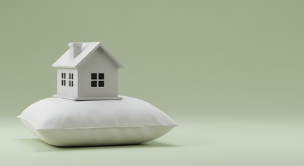 Minimal white house model placed on soft pillow over muted green background, symbolizing safety and peaceful living