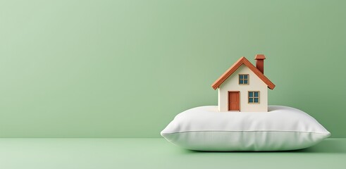 Charming house miniature with chimney and orange roof on cushion, representing property safety and homely atmosphere