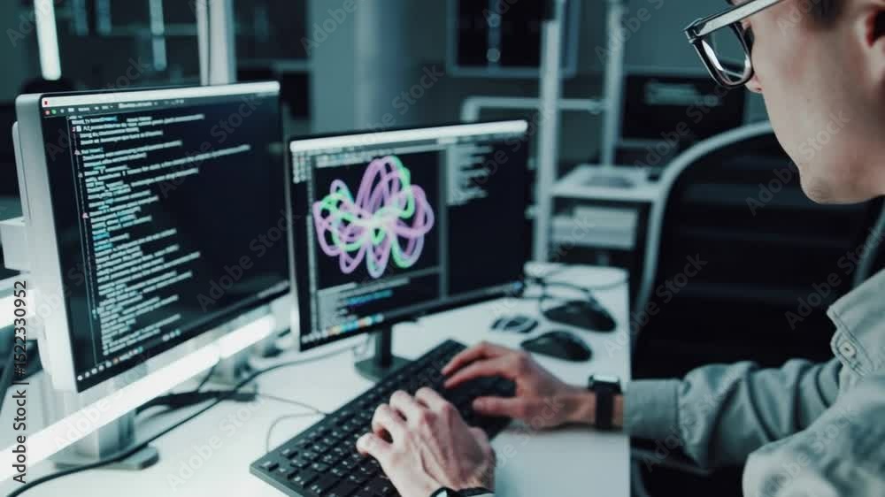 Poster Programmer with glasses coding computer code night office, focused monitor with AI lab innovation and abstract data visualization