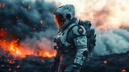 Astronaut in futuristic suit walks through smoky landscape during a dramatic escape from a cosmic eruption