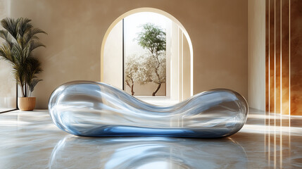 Fototapeta premium Blue Glass Infinity Form in a Warm Beige Interior Merging Futuristic Design with Natural Elements