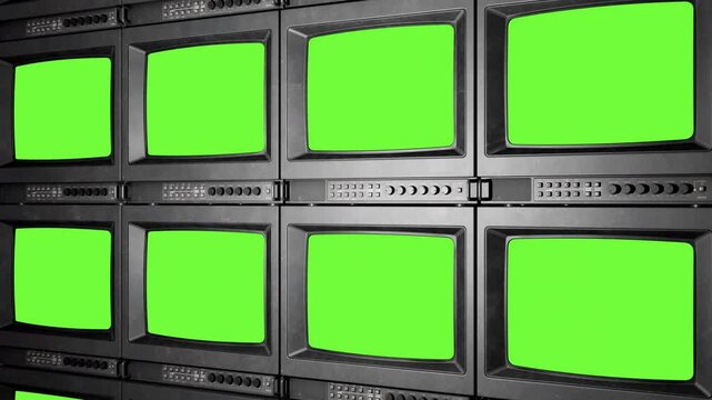 Retro TV Wall with Green Screen, old CRT monitor - loop animation