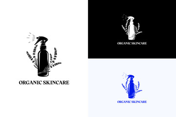 spray mist bottle with lavender sprigs vector illustration, logo for beauty brand, vegan cosmetics, makeup, beauty products, herbal cosmetics, cream, serum, organic skincare, and more