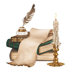 A vintage composition of old ornate hardcover books, paper parchment, an inkwell with a pen and a gold candle holder in a stack. Ancient literature, study, writing, and history. Isolated illustration