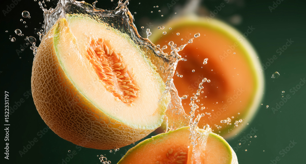 Poster slices of juicy cantaloupe are splashing into clear water, creating droplets. the background feature