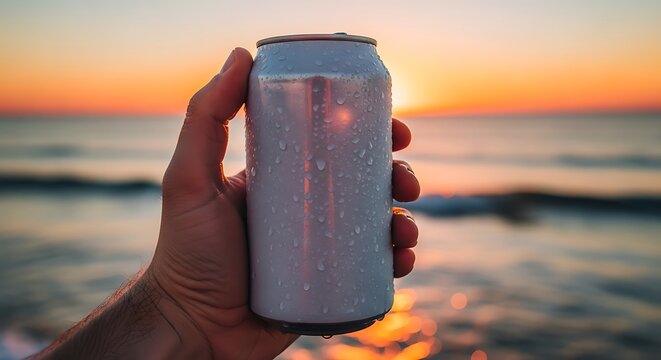 Sunset Beach Vibes Refreshing Drink in a Can Mockup at Golden Hour