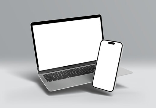PARIS - France - March 20, 2025: Apple Macbook Air and Iphone 16, Silver color. Side view. 3d rendering laptop mockup on white background