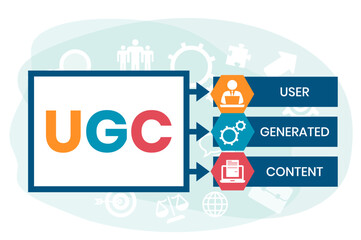 UGC. User-generated Content acronym. lettering illustration with icons for web banner, flyer, landing page, presentation, book cover, article, etc.