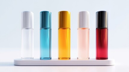 Obraz premium lip balm Five elegant perfume bottles in various colors displayed on a sleek white stand against a light background.