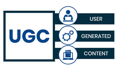 UGC. User-generated Content acronym. lettering illustration with icons for web banner, flyer, landing page, presentation, book cover, article, etc.