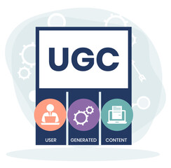 UGC. User-generated Content acronym. lettering illustration with icons for web banner, flyer, landing page, presentation, book cover, article, etc.
