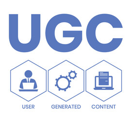 UGC. User-generated Content acronym. lettering illustration with icons for web banner, flyer, landing page, presentation, book cover, article, etc.