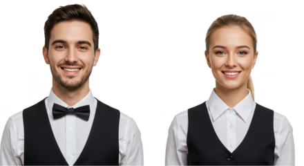 Isolated Portrait Of Cheerful Man And Woman Waiters On Transparent