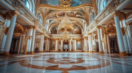 Obraz premium Elegant ballroom with grand chandelier and ornate decor in a historical palace during twilight