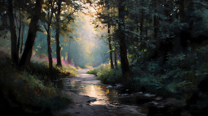 Obraz premium calendar art for seasonal homes | light in darkness | sentimental calm | twilight pastels | balanced symmetry | peaceful streams | window light bloom | brush-enhanced lighting | hidden woodland path