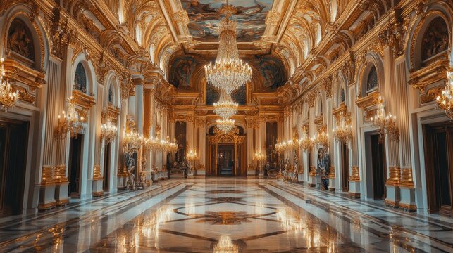 Elegant ballroom with grand chandelier and ornate decor in a historical palace during twilight