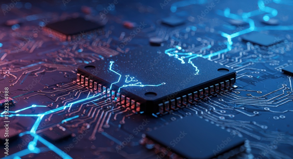 Poster close-up view of a microchip on a circuit board with glowing blue lines representing data flow and c