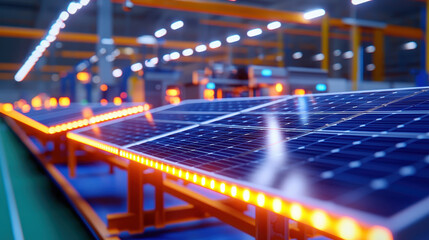 Modern solar panel installation in factory setting, showcasing advanced technology and bright lighting, symbolizes innovation and sustainability