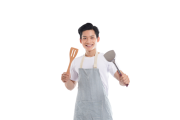 portrait of asian man wearing apron posing on white background